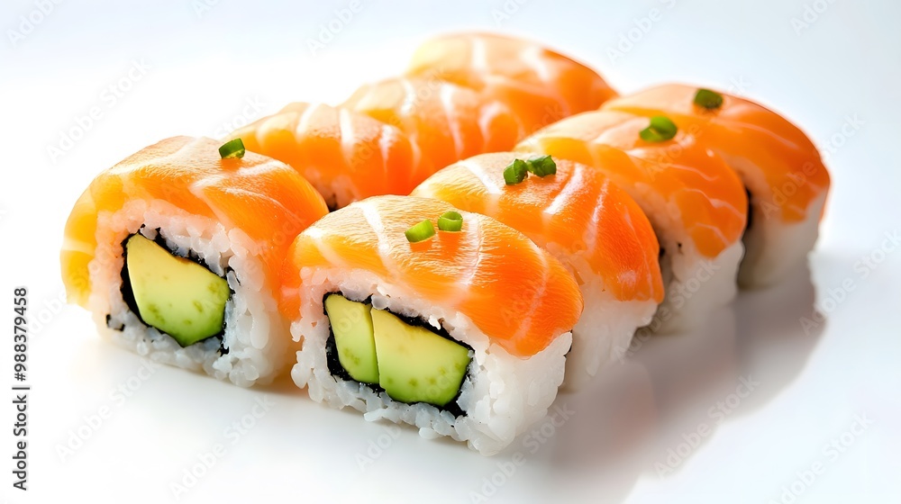 Vibrant salmon sushi with avocado and rice, arranged beautifully on a bright white background Vibrant salmon sushi with avocado and rice, arranged beautifully on a bright white background