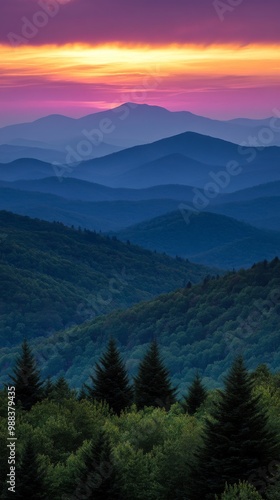 A serene sunset over layered mountains in the Appalachian region with vibrant colors illuminating the horizon