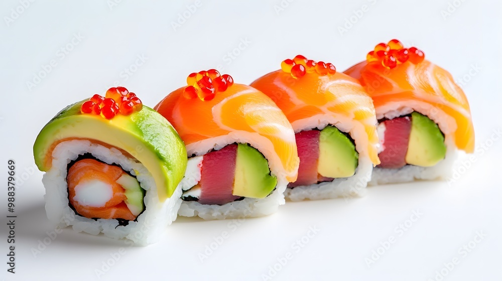Colorful sushi roll with avocado, salmon, and roe, artistically placed on a pure white background Colorful sushi roll with avocado, salmon, and roe, artistically placed on a pure white background