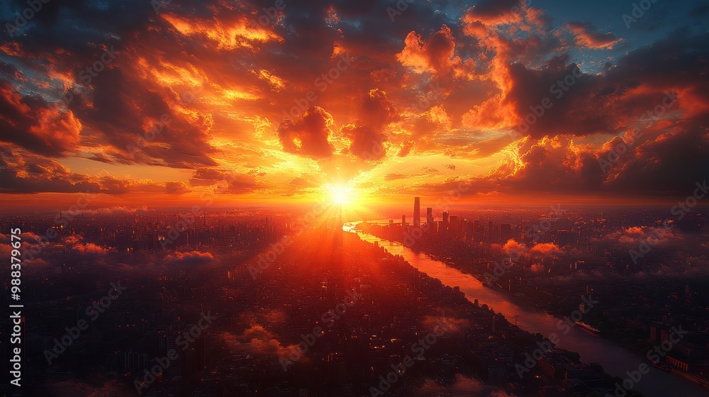 city sunrises with dramatic sunlight breaking through clouds. Golden and orange hues bathe the cityscape, capturing the tranquil beauty of a spring morning and dynamic weather city sunrises with dramatic sunlight breaking through clouds. Golden and orange hues bathe the cityscape, capturing the tranquil beauty of a spring morning and dynamic weather