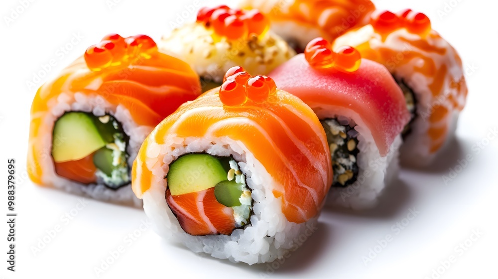Colorful sushi roll with avocado, salmon, and roe, artistically placed on a pure white background Colorful sushi roll with avocado, salmon, and roe, artistically placed on a pure white background