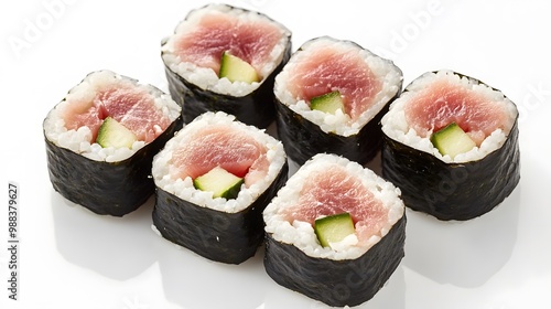 Freshly made sushi rolls with tuna and cucumber, sharply focused on a plain white surface