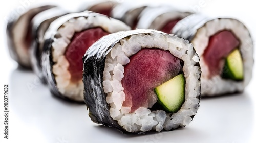 Freshly made sushi rolls with tuna and cucumber, sharply focused on a plain white surface