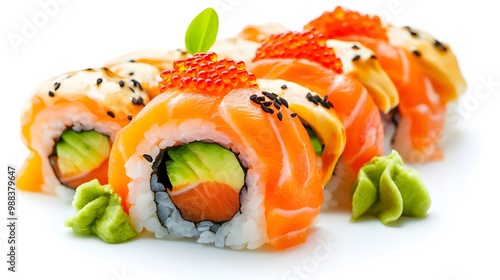 Colorful sushi roll with avocado, salmon, and roe, artistically placed on a pure white background