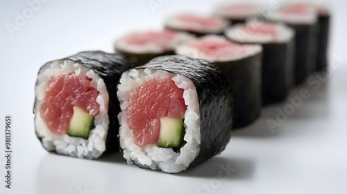 Freshly made sushi rolls with tuna and cucumber, sharply focused on a plain white surface