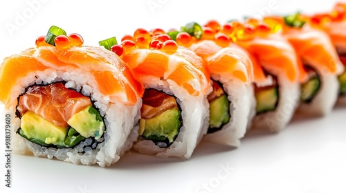 Colorful sushi roll with avocado, salmon, and roe, artistically placed on a pure white background