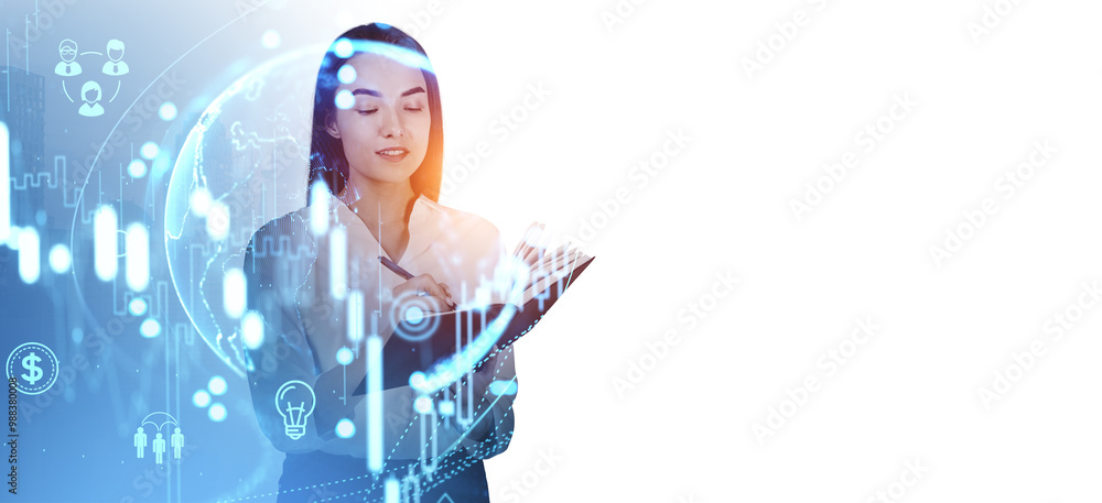 A woman analyzing business data with a pen and notebook, overlai A woman analyzing business data with a pen and notebook, overlai