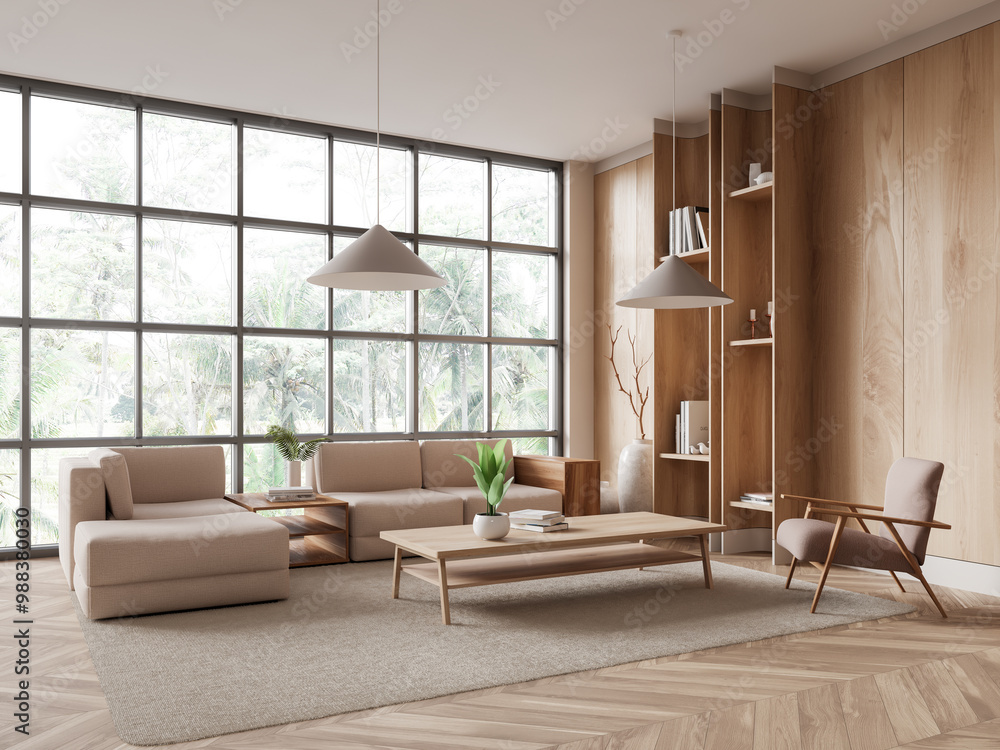 A contemporary living room featuring beige furniture, wooden elements, and large windows. Natural light fills the space, creating a warm and inviting atmosphere. 3D Rendering A contemporary living room featuring beige furniture, wooden elements, and large windows. Natural light fills the space, creating a warm and inviting atmosphere. 3D Rendering