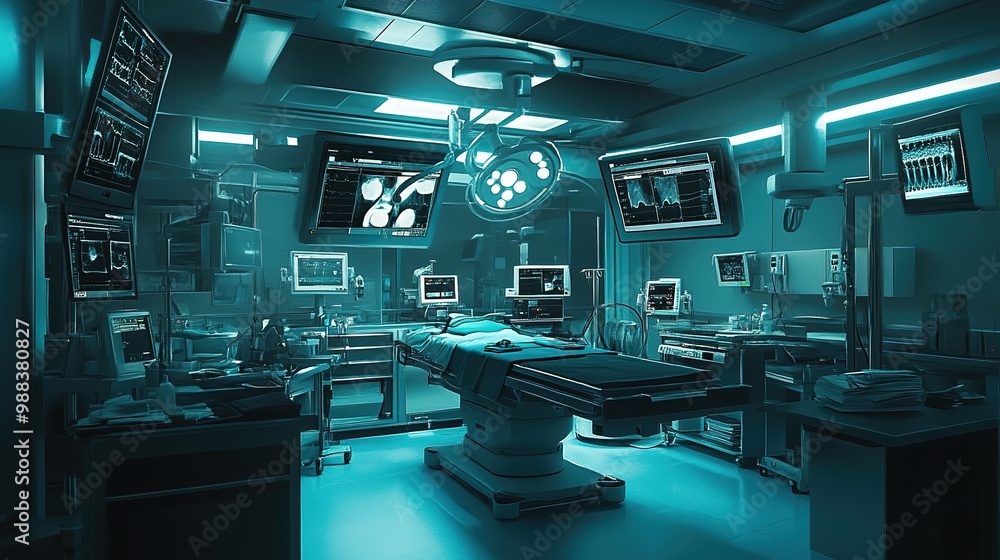An operating room equipped with advanced surgical equipment, including 3D imaging systems and high-tech monitors, during a delicate procedure. An operating room equipped with advanced surgical equipment, including 3D imaging systems and high-tech monitors, during a delicate procedure.