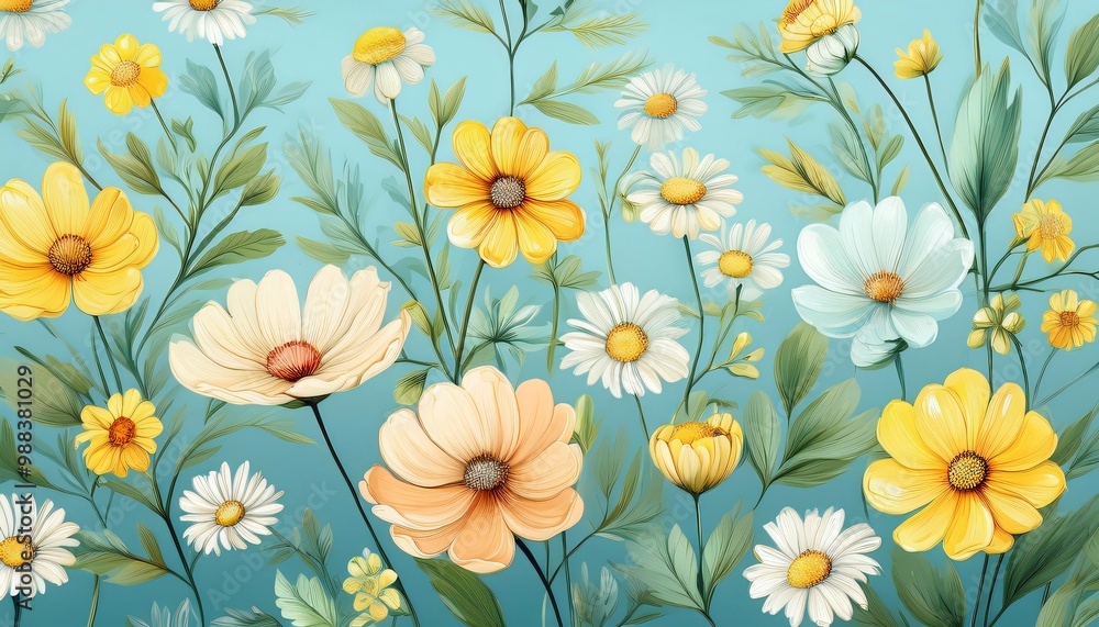 Beautiful illustration of bright yellow and delicate white flowers blossoming against a calming blue backdrop. Conveying feelings of love and joy Beautiful illustration of bright yellow and delicate white flowers blossoming against a calming blue backdrop. Conveying feelings of love and joy