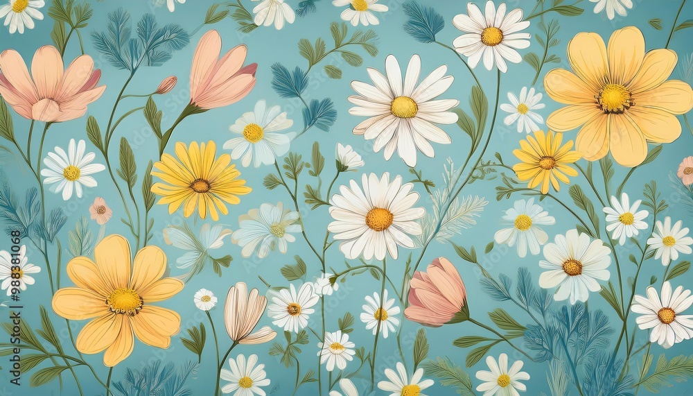 Daisy and wildflower seamless floral pattern on a vibrant turquoise backdrop Daisy and wildflower seamless floral pattern on a vibrant turquoise backdrop