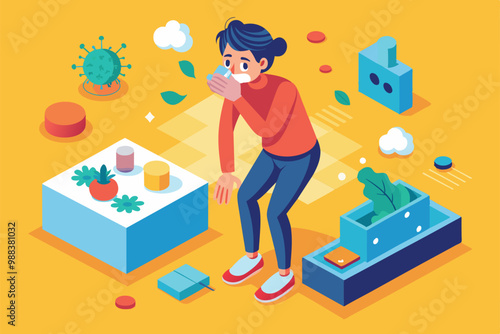A person reacts to dust allergy symptoms while surrounded by various household items and allergens in a colorful and engaging indoor setting.