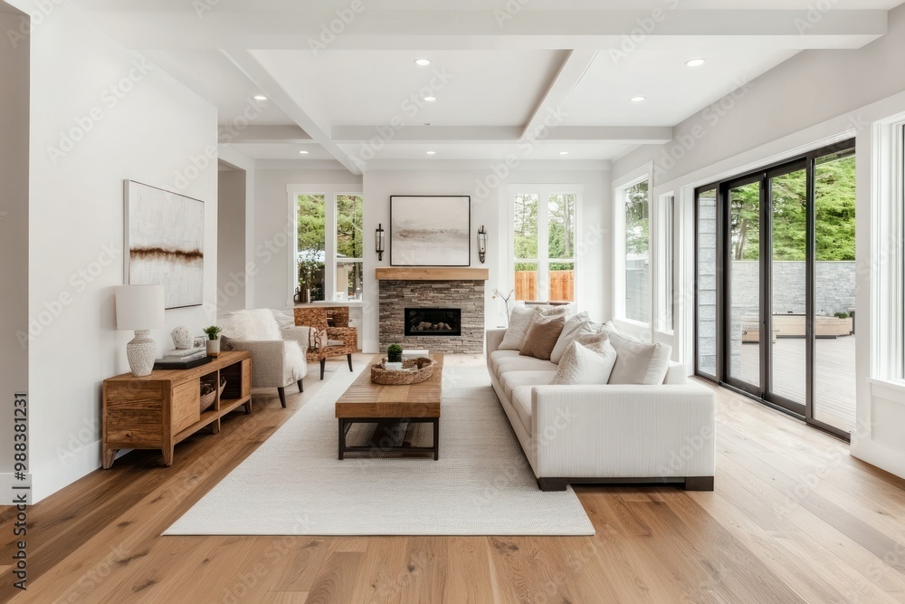 Fototapeta premium Spacious living room with modern furniture, natural light, and a white wall ready for artwork.