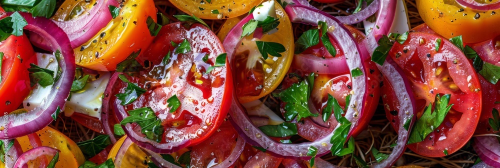 Tomato Salad with Red Onion on Rustic Background, Vegetable Salat with Sliced Tomatoes, Soft Cheese Tomato Salad with Red Onion on Rustic Background, Vegetable Salat with Sliced Tomatoes, Soft Cheese