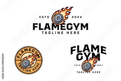 barbell plates with fire comet colorful badge logo design set for gym fitness sport and competition.  weight bumper plates with flame illustration logo template for bodybuilding, weightlifting club