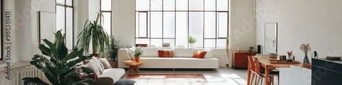 Stylish Scandinavian loft with white walls, modern furniture, and an open floor plan. Banner.