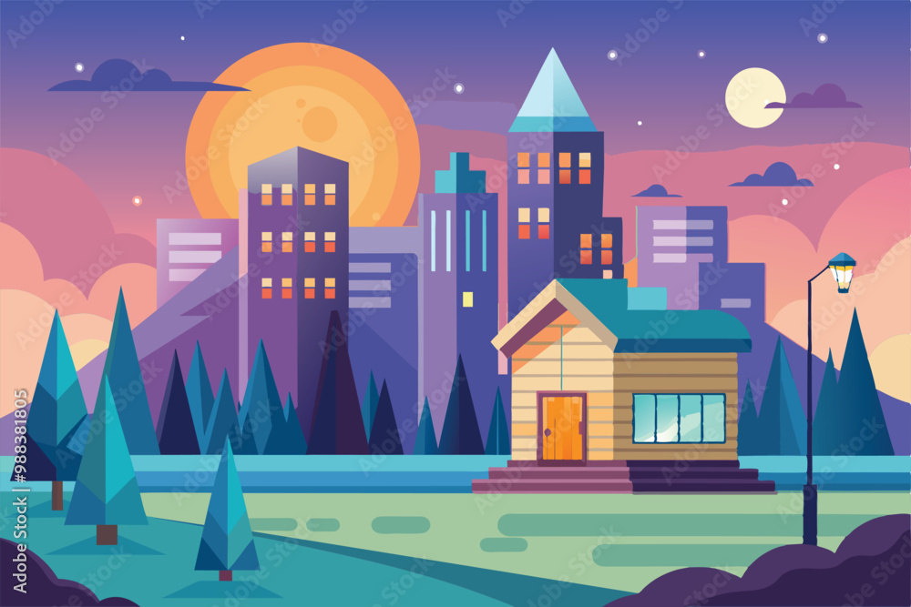 Fototapeta premium A small house stands in a park with a colorful city skyline behind it, as the sun rises over the mountains, illuminating the early morning atmosphere.