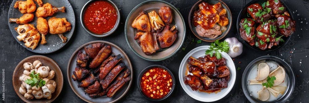 Well Roasted Organ Meats Set or BBQ Offal Collection with Red Spicy Sauces as Beer Snacks Top View Well Roasted Organ Meats Set or BBQ Offal Collection with Red Spicy Sauces as Beer Snacks Top View