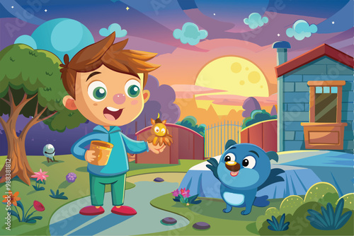 A cheerful child interacts with a blue animal while holding a jar, basking in the vibrant early morning light of his garden.