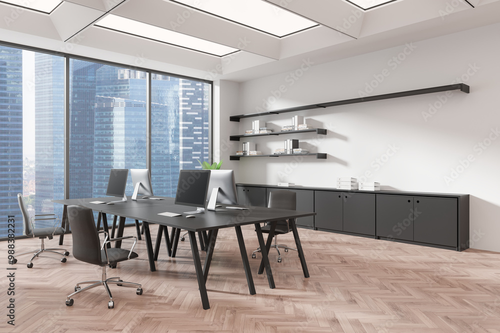 White coworking interior with tables and pc computers, panoramic window White coworking interior with tables and pc computers, panoramic window