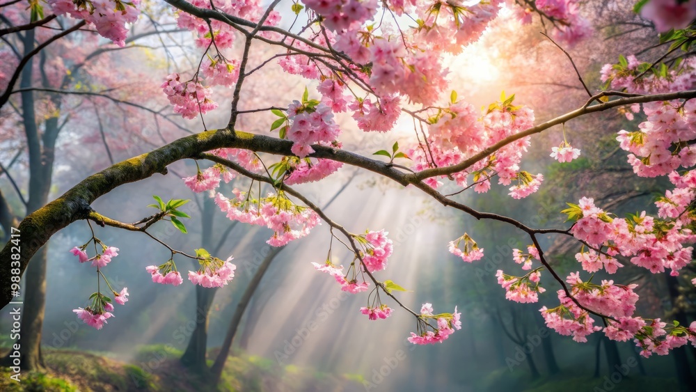 Fototapeta premium Soft Pink Cherry Blossoms bloom densely on a curved branch suspended in a misty forest atmosphere with filtered sunlight casting dappled shadows on the surrounding foliage.