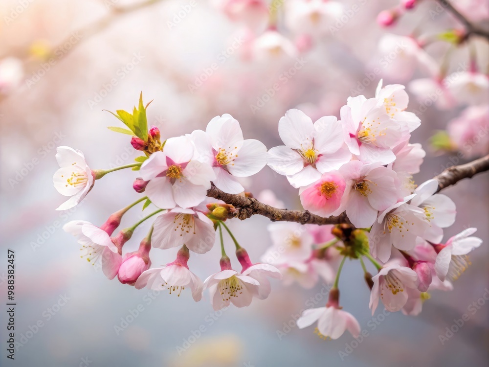 Pale pink cherry blossoms clustering tightly around slender branch set against misty soft focus background Pale pink cherry blossoms clustering tightly around slender branch set against misty soft focus background