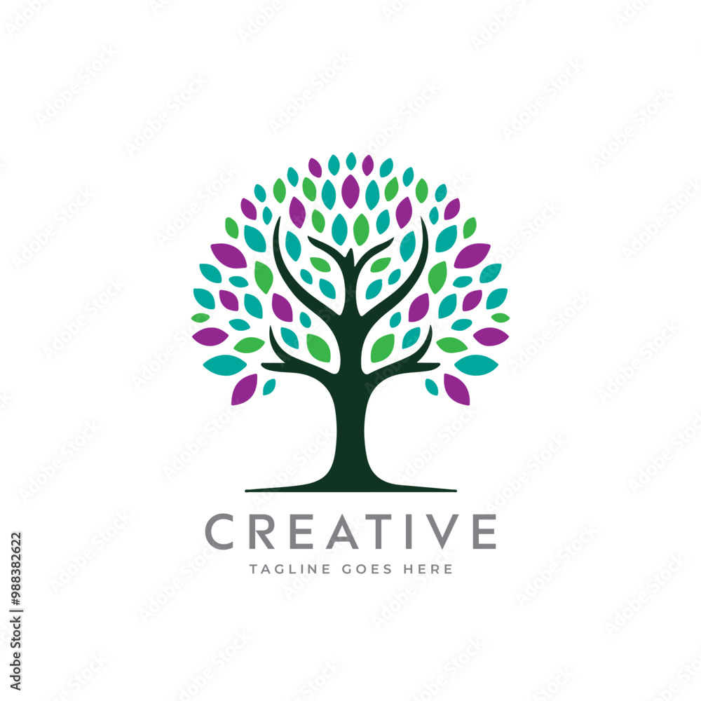 Obraz premium Creative artistic tree logo concept. eco friendly tree logo. Colorful leaf tree logo. minimalist tree vector icon logo