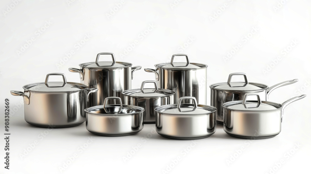 This elegant group of stainless steel pots and pans showcases their sleek design and shiny finish, arranged harmoniously on a bright white surface This elegant group of stainless steel pots and pans showcases their sleek design and shiny finish, arranged harmoniously on a bright white surface
