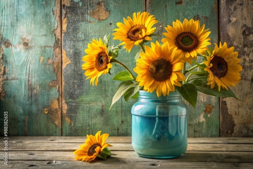Delicate sunflowers spring from a vintage blue jar on a distressed wooden ledge