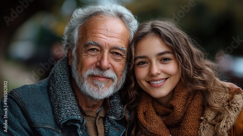 happy senior with his adult daughter sitting outdoors in park