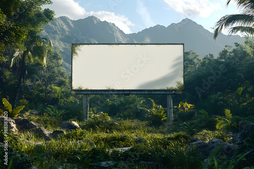 Fototapeta Naklejka Na Ścianę i Meble -   Blank billboard in tropical forest, advertising mockup, nature background, jungle environment, empty signage, outdoor marketing, eco-friendly campaign, environmental awareness message
