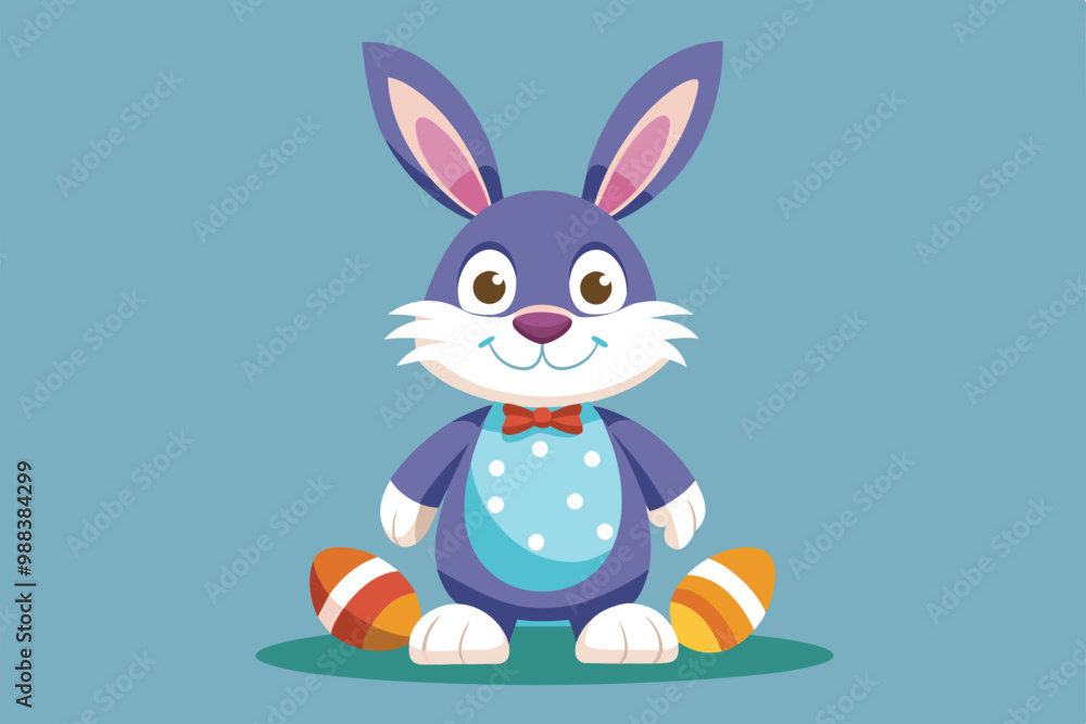 Fototapeta premium A cheerful, disproportionate Easter bunny stands next to colorful decorated eggs, ready for a joyful celebration.