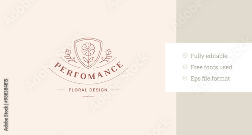 Floral blossom in shield elegant minimalist line art logo design template for gardening vector illustration. Beautiful flower linear logotype for florist studio coiffure skin care cosmetic brand