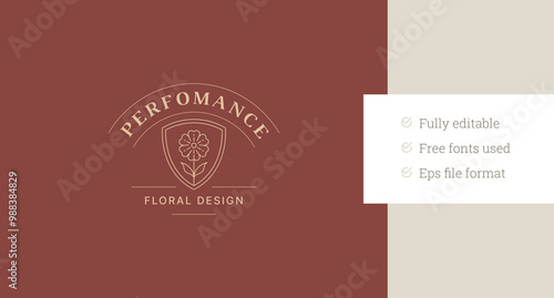 Elegant flower chamomile in shield line art logo design template for florist vector illustration. Natural organic floral blossom linear logotype skin hair care cosmetic brand makeup artist hairdresser