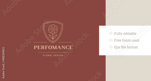 Organic flower chamomile in shield line art logo design template for cosmetic vector illustration. Natural blossom floral linear logotype for makeup artist spa skin hair care cosmetology brand shop