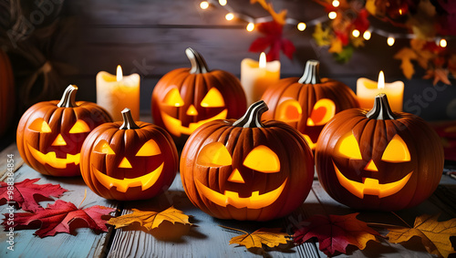 Rustic Charm Meets Spooky Halloween Pumpkins. Glowing Faces of Halloween on a Wooden Table photo