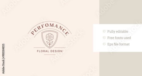 Beautiful natural flower in shield line art logo design template for beauty salon vector illustration. Elegant floral with petals and leaf botanical linear logotype for gardening florist salon