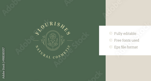 Gentle flower chamomile with berries circle line art logo design template vector illustration. Elegant beautiful floral blossom plant linear logotype for makeup artist cosmetology beautician clinic