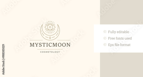 Mystic crescent with all seeing eye luxury line art logo design template for cosmetology vector illustration. Mythology sacred ancient wisdom linear logotype beauty salon skin hair care cosmetic brand