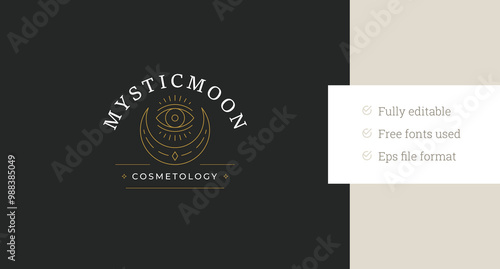 Ancient wisdom all seeing eye with crescent line art logo design template vector illustration. Spiritual sacred mythology luxury linear logotype for makeup artist spa wellness cosmetic brand