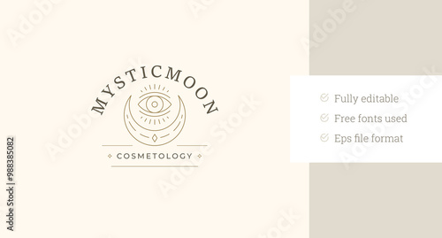 Spiritual all seeing eye with crescent luxury line art logo design template for beauty salon vector illustration. Magic ancient esoteric golden linear logotype cosmetology beautician cosmetic brand