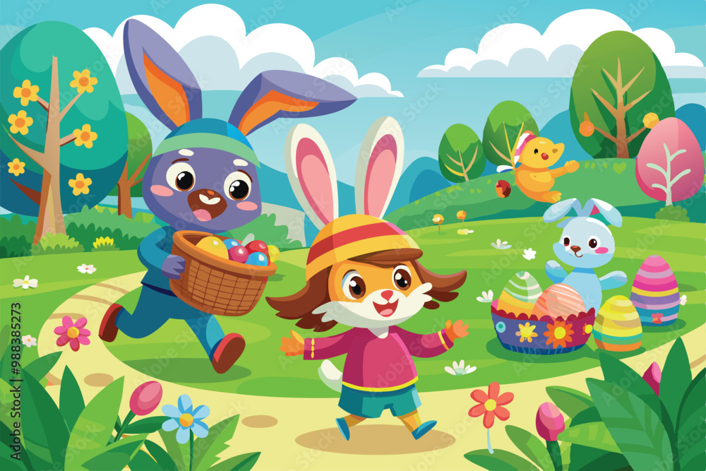 Children delightfully search for hidden Easter eggs while playful animals join in the festive celebration under a bright spring sky. Children delightfully search for hidden Easter eggs while playful animals join in the festive celebration under a bright spring sky.