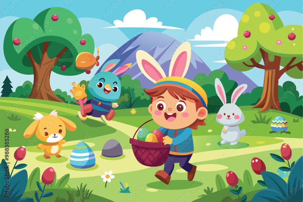 Fototapeta premium Children and cheerful animals happily participate in an Easter egg hunt, gathering colorful eggs in a vibrant park filled with trees and flowers.
