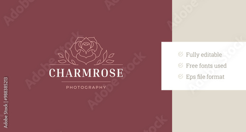 Beauty rose flower with leaves line art logo design template for gardening shop vector illustration. Elegant natural floral bud minimalist linear logotype florist studio skin hair care cosmetic brand