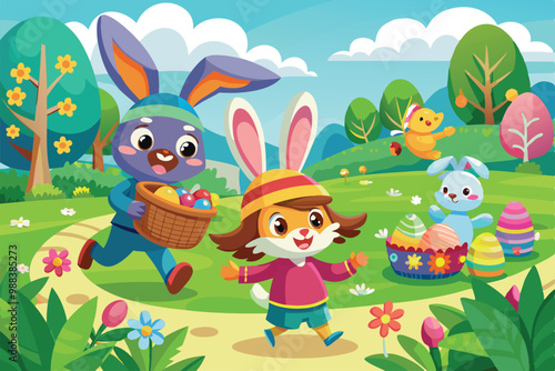Children delightfully search for hidden Easter eggs while playful animals join in the festive celebration under a bright spring sky.