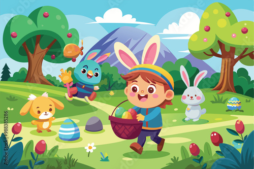 Children and cheerful animals happily participate in an Easter egg hunt, gathering colorful eggs in a vibrant park filled with trees and flowers.
