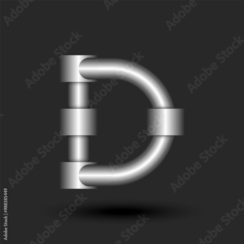 Metallic industrial style letter D logo with a modern pipe structure, ideal for futuristic branding, engineering projects, or mechanical concepts.