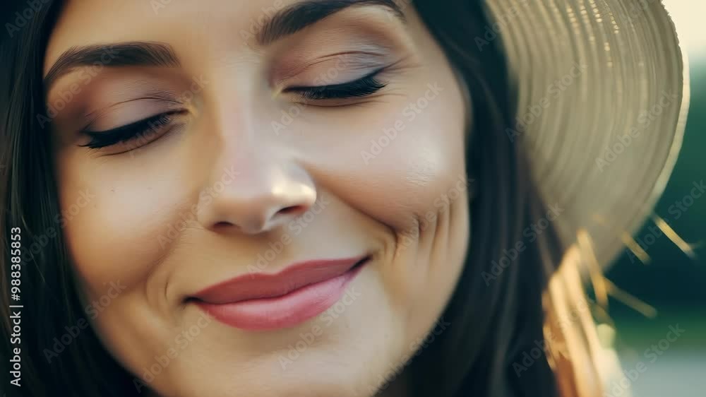 Serene woman in sun hat enjoying tranquility with eyes closed in sunlight Serene woman in sun hat enjoying tranquility with eyes closed in sunlight