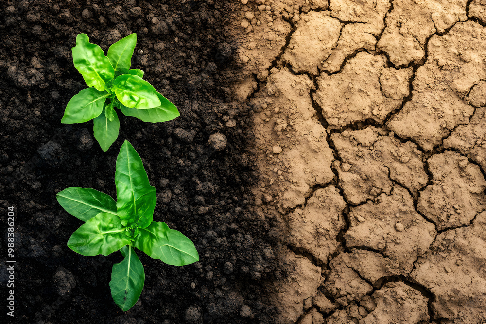 Contrast of healthy green plants thriving in rich soil beside dry cracked earth, illustrating the impact of proper soil management and water conservation on plant growth and agriculture Contrast of healthy green plants thriving in rich soil beside dry cracked earth, illustrating the impact of proper soil management and water conservation on plant growth and agriculture