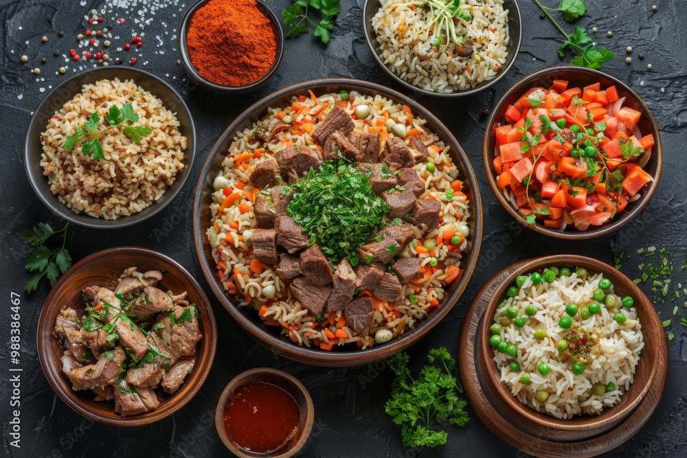 Set of Pilau or Pilaf on Dark Background Top View Set of Pilau or Pilaf on Dark Background Top View